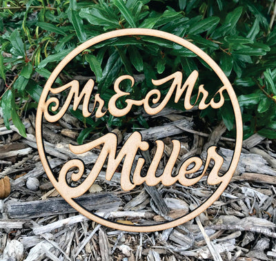 20cm to 60cm Personalised Mr & Mrs Wedding Name Sign Wood Wall Hoop round circle, rustic custom - Warwick Screenprinting and Embroidery