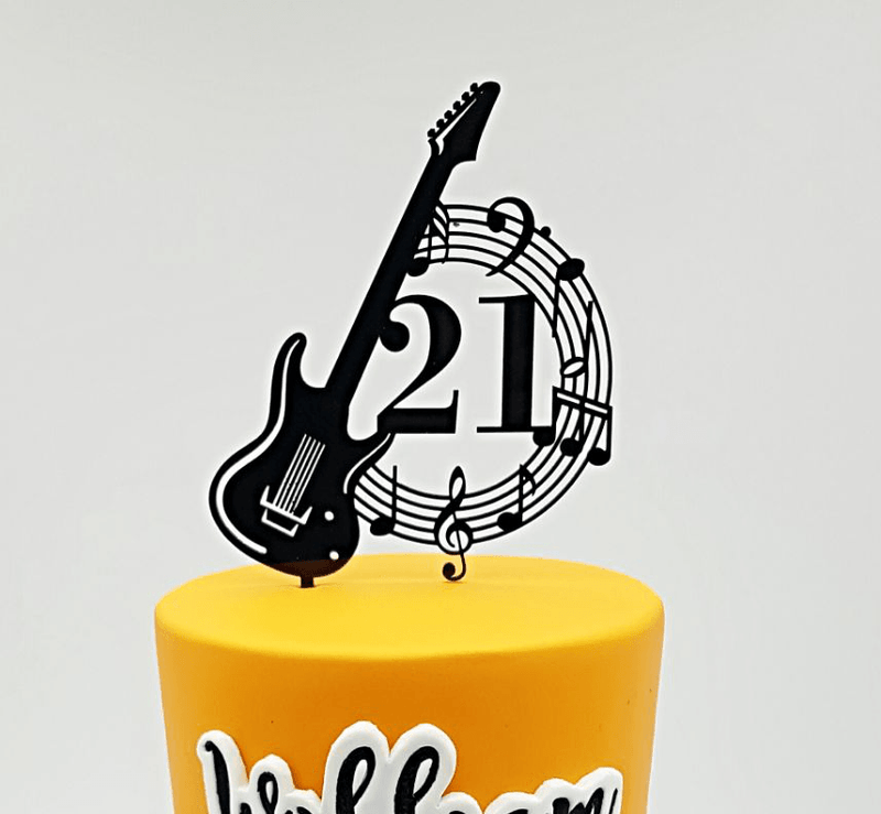 21st Birthday Cake Topper With Guitar & Musical Notes - Warwick Screenprinting and Embroidery