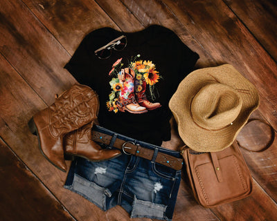 Cowboy Cowgirl Boots Graphic Tee with flowers - Warwick Screenprinting and Embroidery