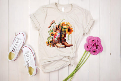 Cowboy Cowgirl Boots Graphic Tee with flowers - Warwick Screenprinting and Embroidery