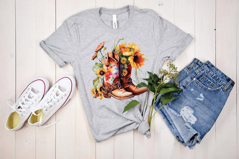 Cowboy Cowgirl Boots Graphic Tee with flowers - Warwick Screenprinting and Embroidery