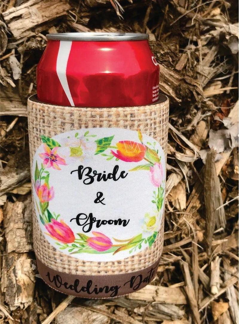 Hessian & floral wreath Wedding stubbie cooler - Warwick Screenprinting and Embroidery