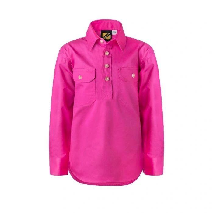 Kids Lightweight Long Sleeve Half Placket Cotton Drill Shirt with Contrast Buttons - Warwick Screenprinting and Embroidery