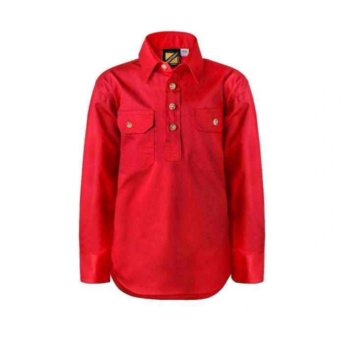Kids Lightweight Long Sleeve Half Placket Cotton Drill Shirt with Contrast Buttons - Warwick Screenprinting and Embroidery