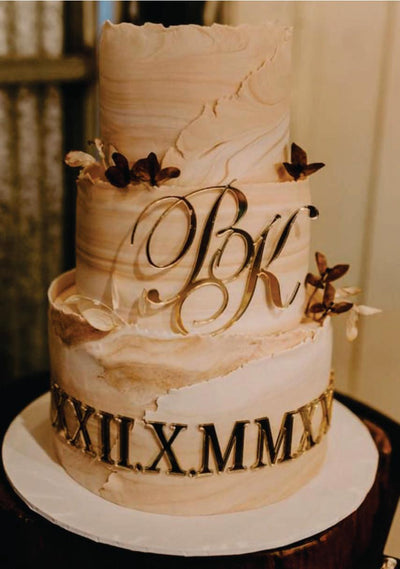 Monogram Wedding Cake topper with Roman Numerals for the date - Warwick Screenprinting and Embroidery