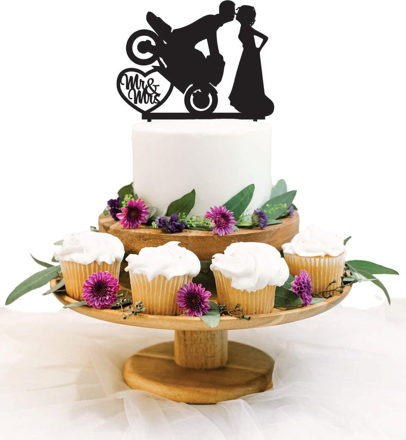 Mr & Mrs Cake topper with Groom Riding a Motorcycle, Motorbike - Warwick Screenprinting and Embroidery