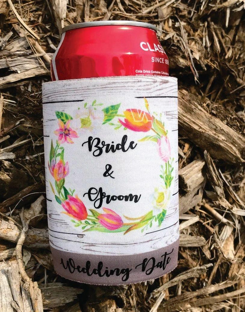 Timber & Floral Wreath Wedding stubbie cooler - Warwick Screenprinting and Embroidery
