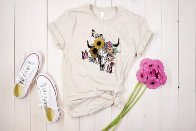 Western Themed Skull with Flowers Graphic Tee - Warwick Screenprinting and Embroidery