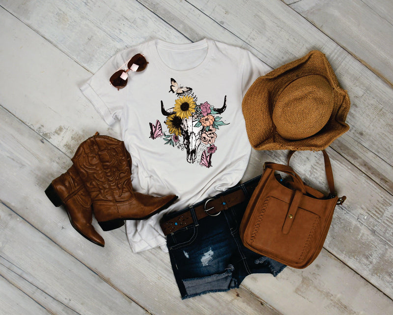 Western Themed Skull with Flowers Graphic Tee - Warwick Screenprinting and Embroidery