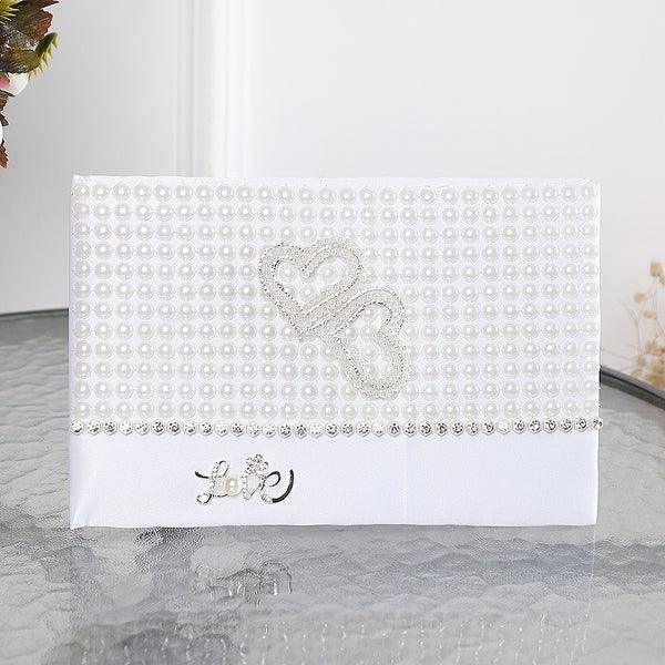 White Pearl Wedding Guest Book With Gold Hearts & Love - Warwick Screenprinting and Embroidery